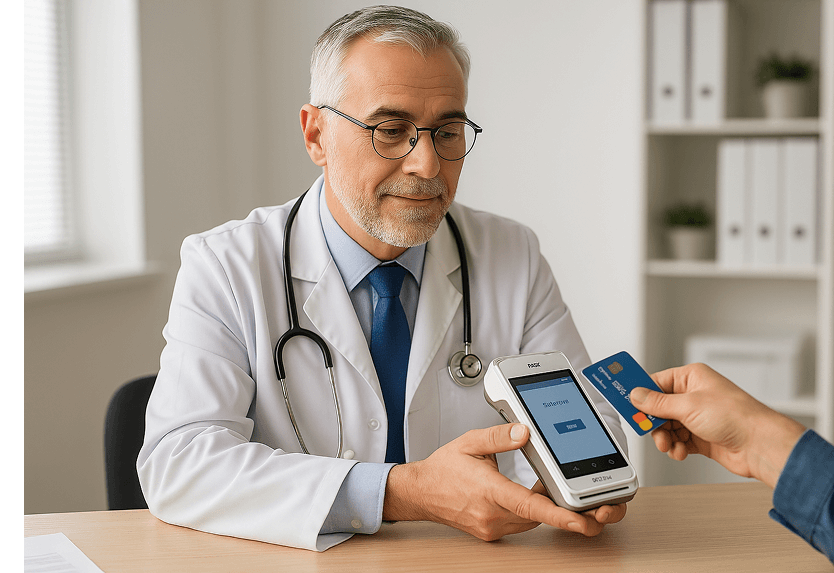 Médecin qui encaisse un patient avec le pax a920 pro