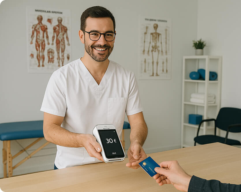 Kinésithérapeute qui encaisse avec son pax a920 pro