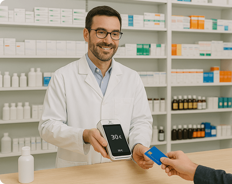 photo pharmacien qui encaisse à son comptoir