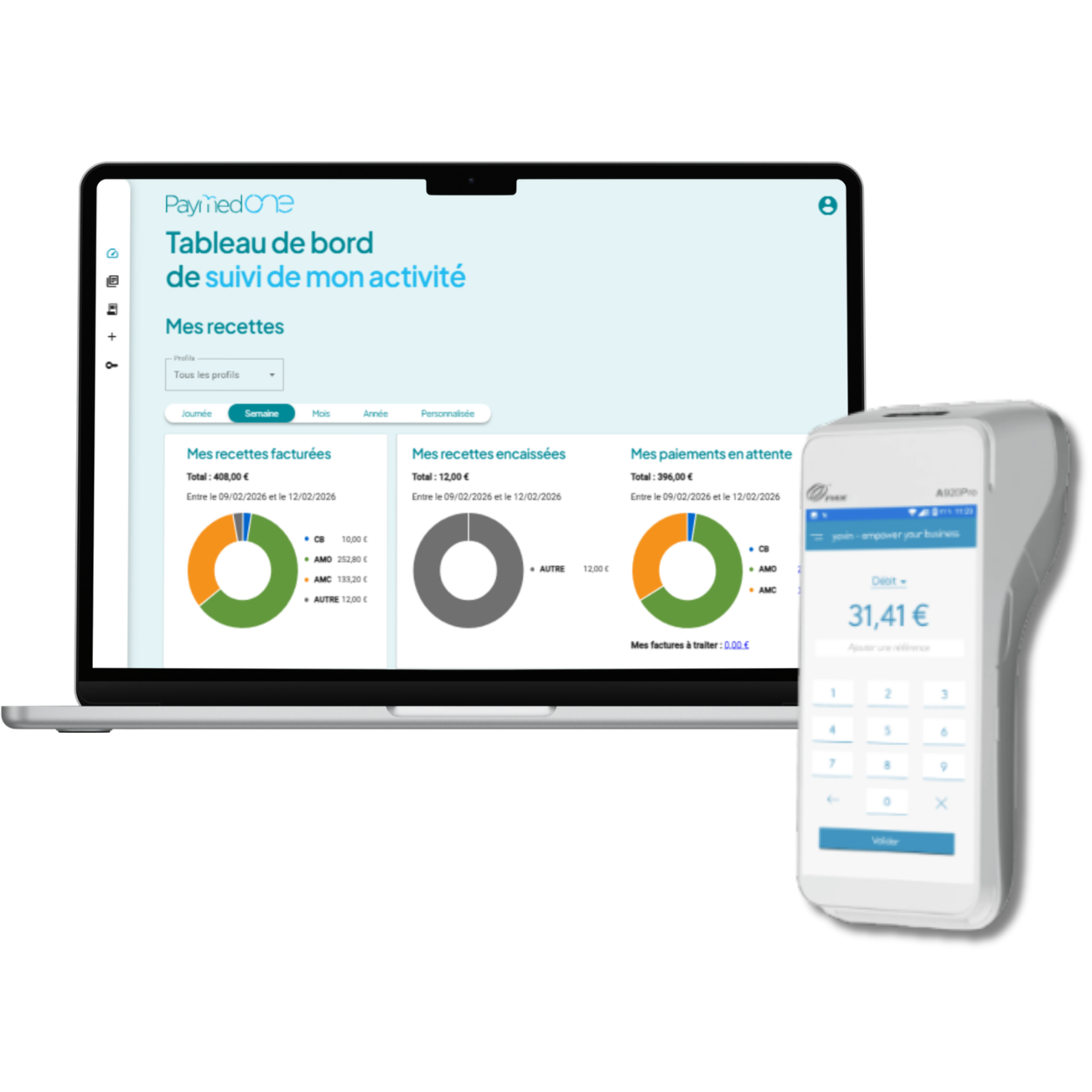 Ordinateur avec le logiciel Paymed One ouvert ainsi qu'un TPE  android Pax A920 pro