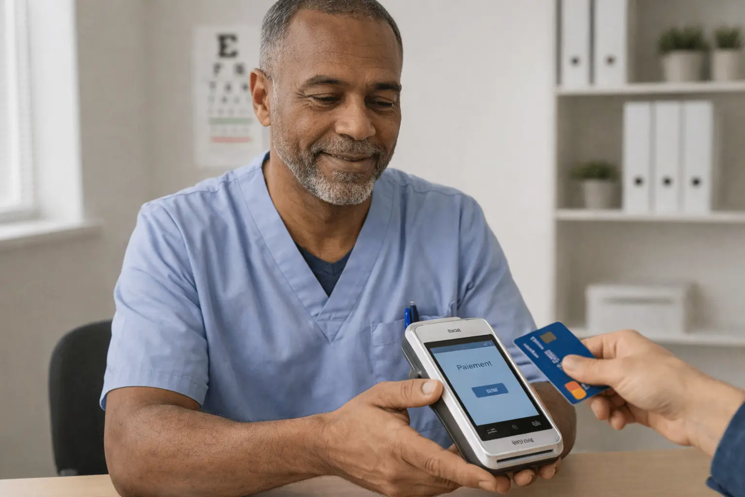 Orthoptiste entrain d'encaisser un client avec son TPE Android A920 pro