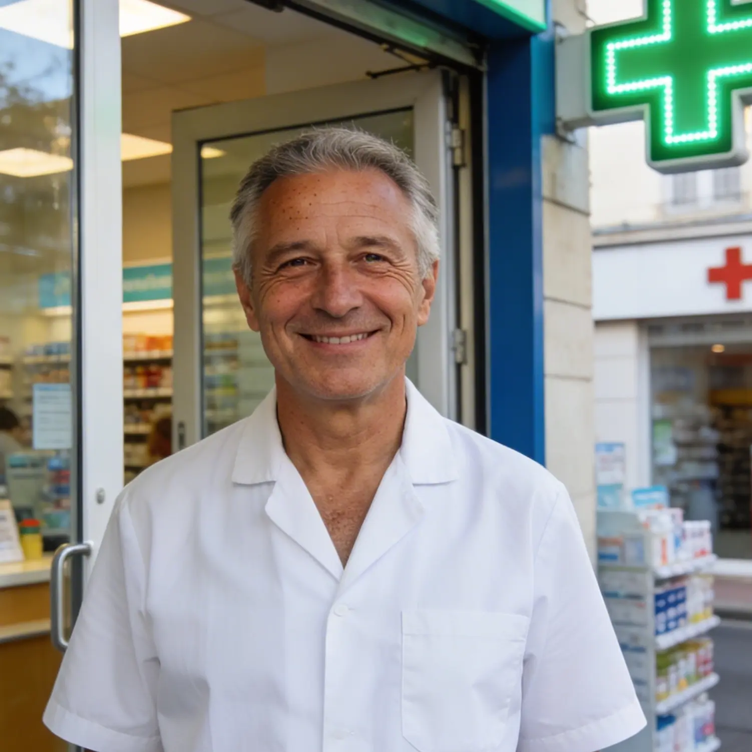 photo d'un pharmacien devant sa pharmacie